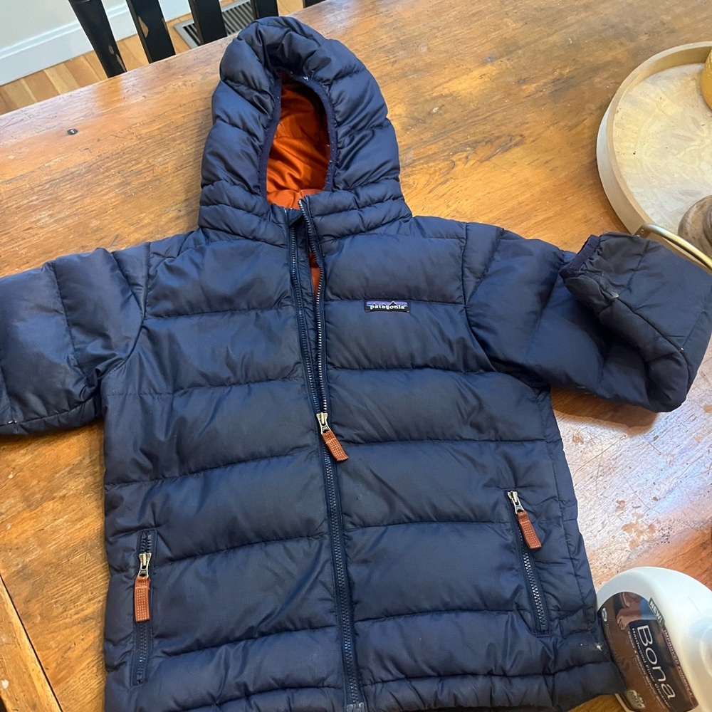Patagonia Kids Navy Puffer Jacket with Orange Hood Lining